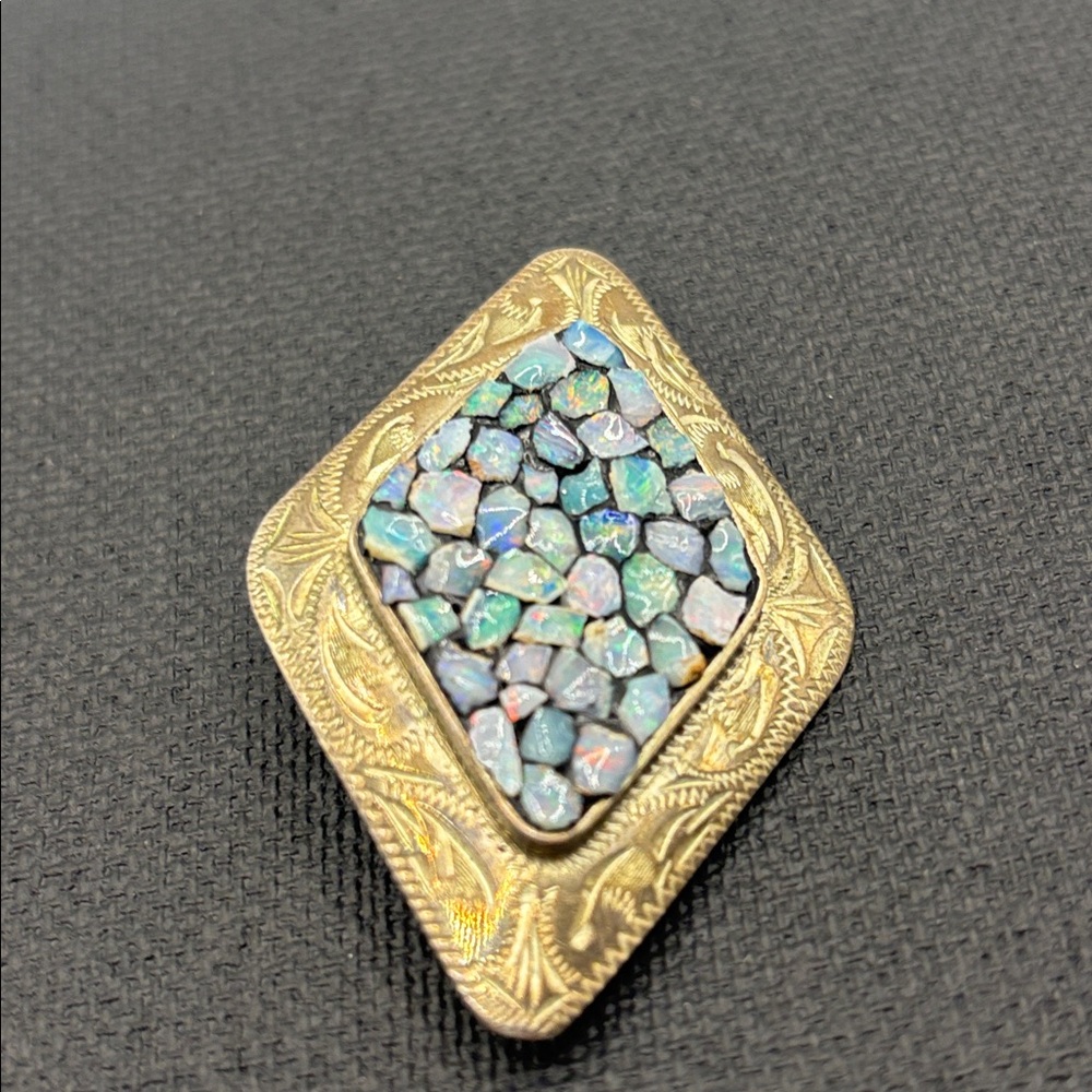 VTG Scandia Mosaic Raw Opal Diamond Shaped Brooch John Eisen Australia Silver - Picture 6 of 9